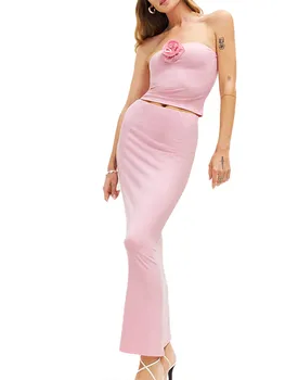 Женский топ-труба без бретелек с цветочным принтом и макси-юбка - стильный наряд для летней вечеринки с 3D-цветочной деталью