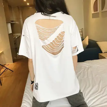 хлопковая футболка с короткими рукавами женская дырка на спине Сексуальные 2021 весна-лето новый корейский стиль причинно-свободные женские топы средней длины