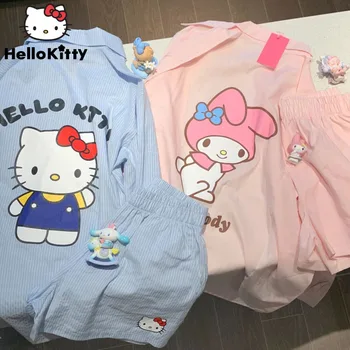 Sanrio Hello Kitty Melody Шорты Пижамы с принтом Пижамы Комплекты Женщины Лето Новый Свободный Дом Для Сна Костюм Y2K Женские Шорты Рубашки Две Части