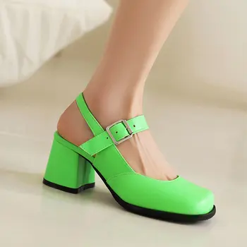 Оранжево-зеленый Женская летняя обувь с закрытым носком Квадратные массивные высокие каблуки Мэри Джейнс Леди Туфли Ремешок Пряжка Ремешок Шикарные сандалии