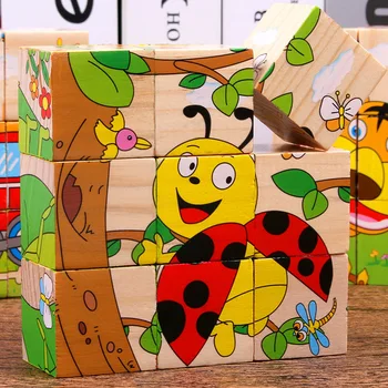 Детские деревянные блоки Игрушки Дети Шестисторонний куб Пазлы Игра Животные Фрукты Трафик Cognize Раннее обучение Развивающие игрушки