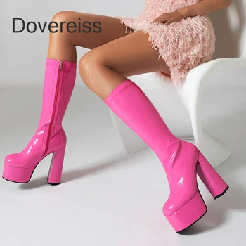 Dovereiss Новая женская обувь Зимняя мода Черная водонепроницаемая платформа Круглый носок Сапоги до колена Толстые каблуки Молния Большой размер 48