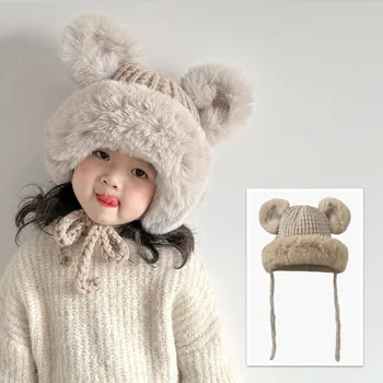 Детская шапочка зима 2023 INS для мальчиков и девочек INS Плюшевая вязаная плюшевая шляпа Lei Feng Hat Шапка для защиты ушей