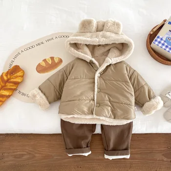  Зима Супер милая корейская версия для девочек Стеганая куртка Толстая теплая стеганая куртка с капюшоном 0-5 лет Детская уличная куртка